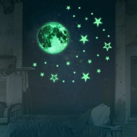 Pegatinas luminosas de 27 estrellas y 30 cm de luna que brillan en la oscuridad, fluorescentes, para decoración del hogar y habitación infantil.