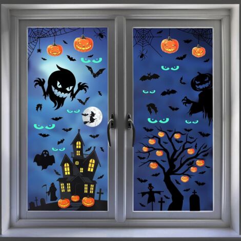 Pegatinas para ventanas de Halloween, pegatinas decorativas de Halloween, 10 pegatinas decorativas removibles de Halloween: calabaza, ojos brillantes, fantasma, murciélago, casa embrujada.