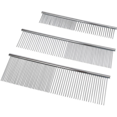 Peigne argenté pour animaux (lot de 3) - Peigne de toilettage pour chiens et chats - Peigne à double denture pour démêler et enlever les poils