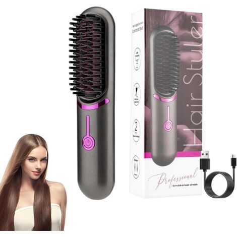 Peigne Chauffant, Brosse lissante sans fil, portable et pratique pour les voyages, rechargeable par USB, 5 400mAh, ion négatif, chauffante, pour femmes et hommes (Noir)