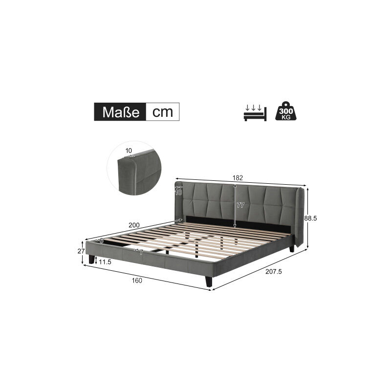 Fuienko - Lit rembourré 160x200 avec sommier à lattes et tête de lit, lit pour adolescents, pour adultes & adolescents, support de lattes en bois,