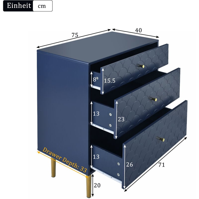H89/W75/T40 cm Commode 3 tiroirs certifiée fsc®, buffet pour la chambre et toutes les pièces à vivre, marine l&h