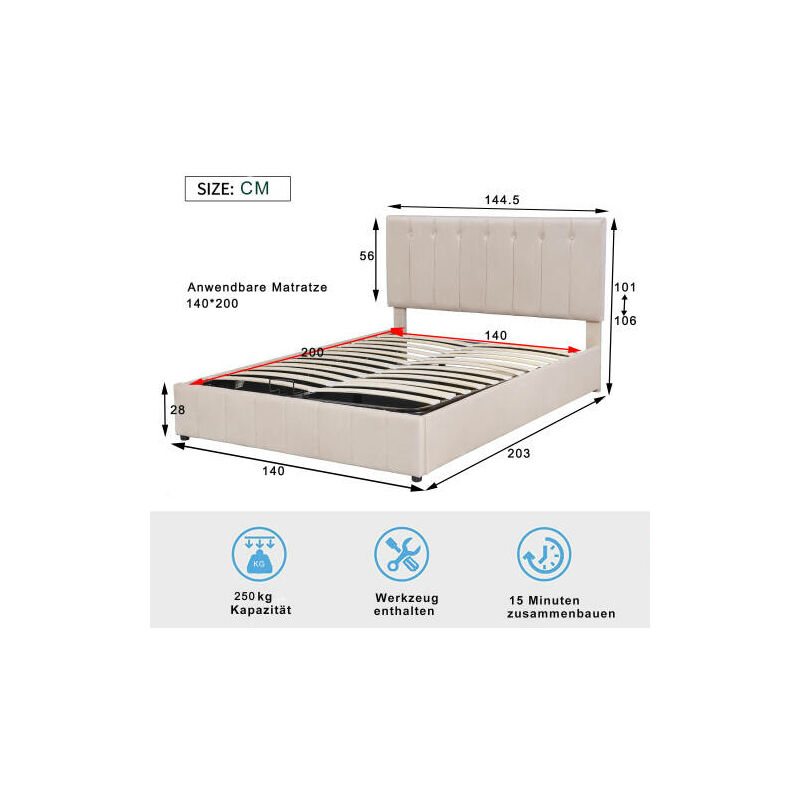 L&h-cfcahl - Lit adulte 140x200, lit double avec sommier à relevage hydraulique, tête de lit capitonnée réglable en hauteur et sommier à lattes en