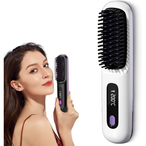 Peigne lissant portable, sans fil, portable avec pince à cheveux duveteuse à double usage (blanc)