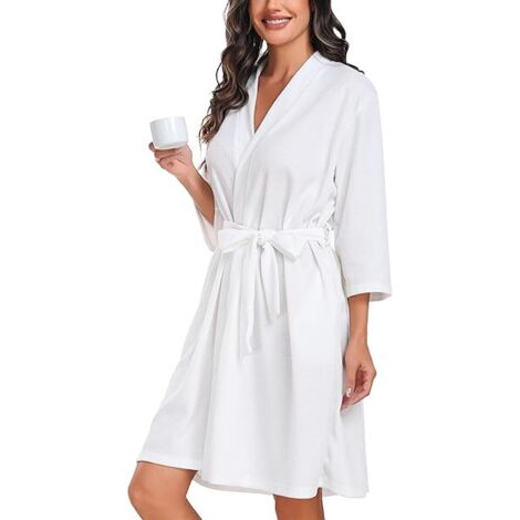 Peignoir Court Femme en Tricot Gaufré Robes de Chambre Doux et Léger Longueur du Genou Loungewear Col V avec Ceinture-1pcs