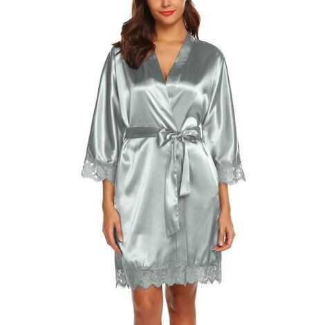 Peignoir de bain - Peignoir Satin Soie - Modèle Court - Col V Oblique - Taille M - Gris
