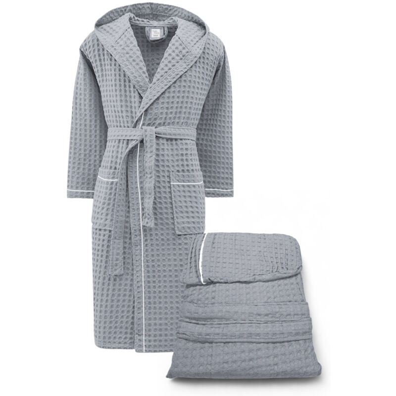 Peignoir en coton avec capuche pour homme et femme, nid d'abeille BEEApone®, couleur gris clair, séchage rapide, doux L Peignoir en coton avec capuche pour homme et femme, nid d'abeille BEEApone®, couleur gris clair, séchage rapide, doux L