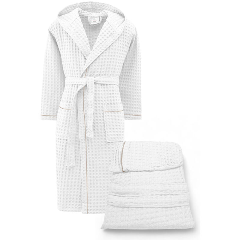 Peignoir en coton pour hommes et femmes avec capuche, nid d'abeille BEEApone®, couleur blanche, séchage rapide, doux XL Peignoir en coton pour hommes et femmes avec capuche, nid d'abeille BEEApone®, couleur blanche, séchage rapide, doux XL