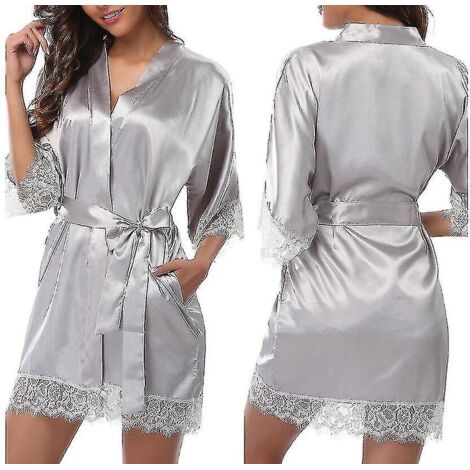 Peignoir en satin pour mariée, demoiselle d'honneur, kimono, robe de chambre, vêtement de nuit, peignoir - XL - Gris