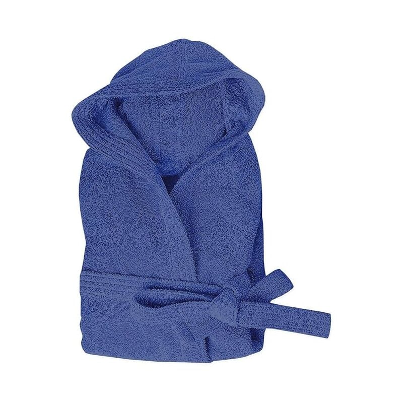 Peignoir Eponge 100% Coton Couleur Unie Doux Homme Femme Ceinture Poches Capuche Bleu - xxl