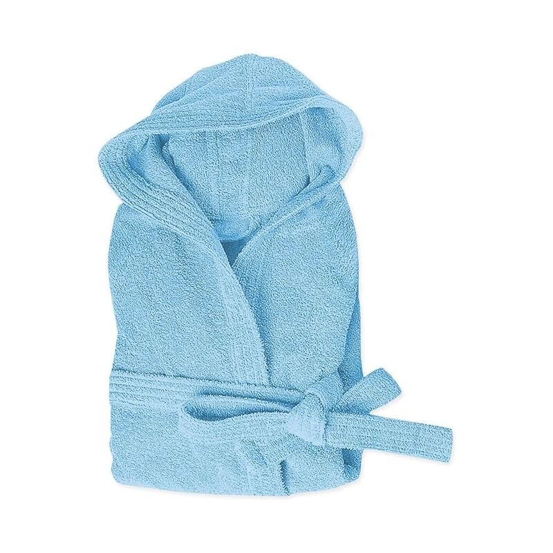 Peignoir Eponge 100% Coton Couleur Unie Doux Homme Femme Ceinture Poches Capuche Bleu Clair - M