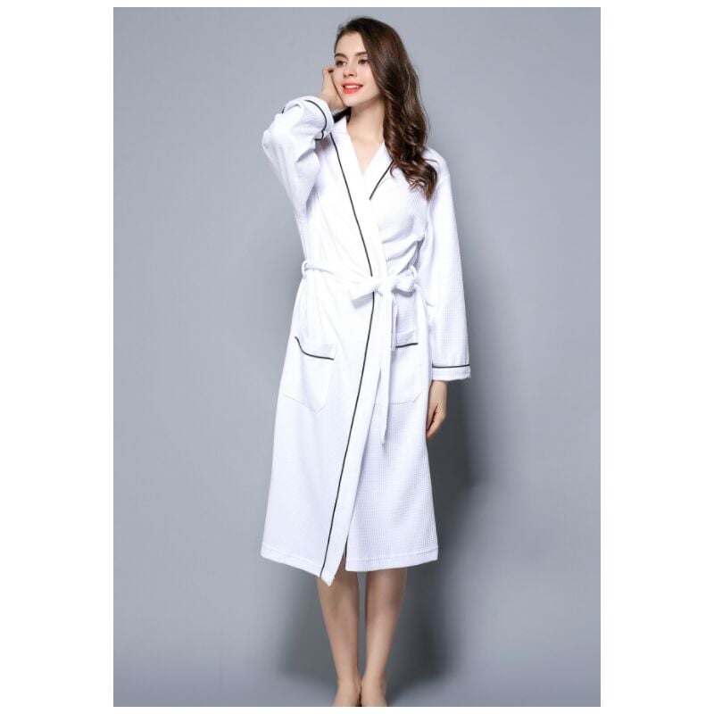 Peignoir Femme Coton Gaufré Léger Robe de Chambre Unisexe Spa Sauna Peignoir de Bain Eponge - Blanc l