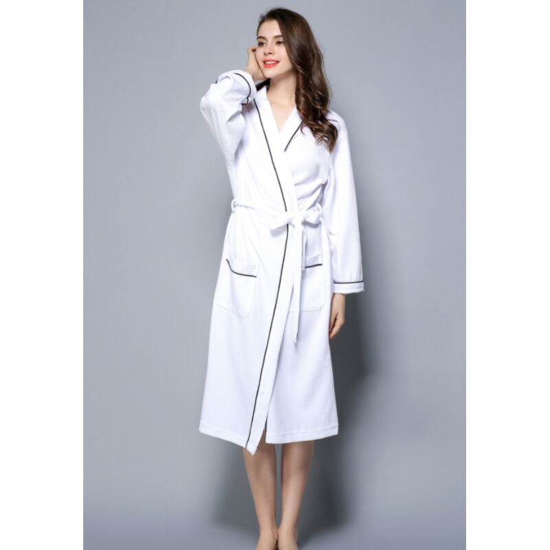 Peignoir Femme Coton Gaufré Léger Robe de Chambre Unisexe Spa Sauna Peignoir de Bain Eponge - Blanc l
