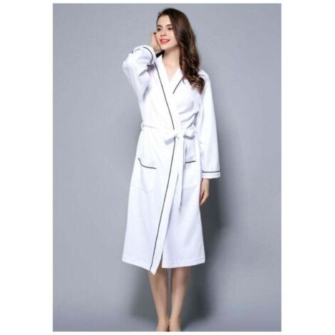 Peignoir Femme Coton Gaufré Léger Robe de Chambre Unisexe Spa Sauna Peignoir de Bain Eponge - Blanc L