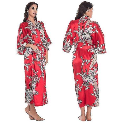 Peignoir kimono en satin à fleurs pour femme, robe de chambre de mariage, vêtement de nuit - XL - Rouge