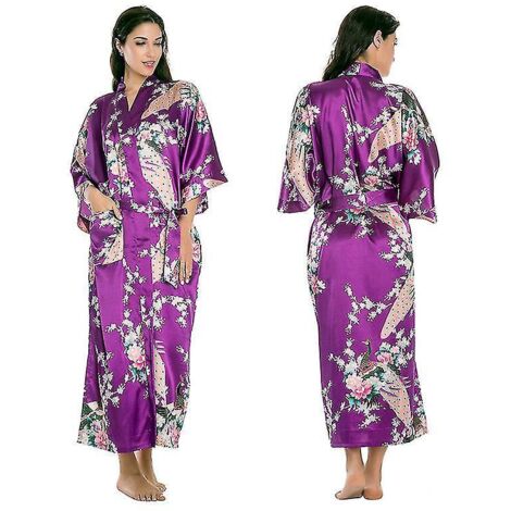 Peignoir kimono long en satin de soie douce de luxe pour femme - Taille 2XL - Violet