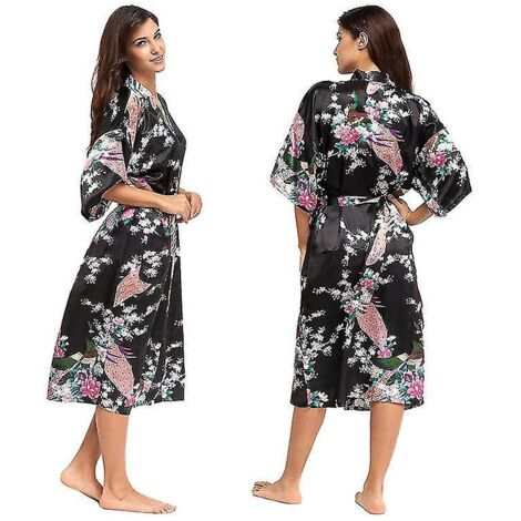 Peignoir kimono long en satin de soie douce et luxueuse pour femme, idéal pour la nuit - 3XL - Noir