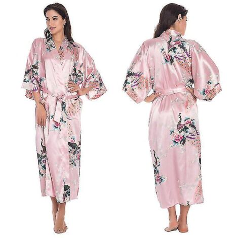 Peignoir kimono long en satin de soie douce et luxueuse pour femme, robe de chambre, vêtement de nuit - 3XL - Rose