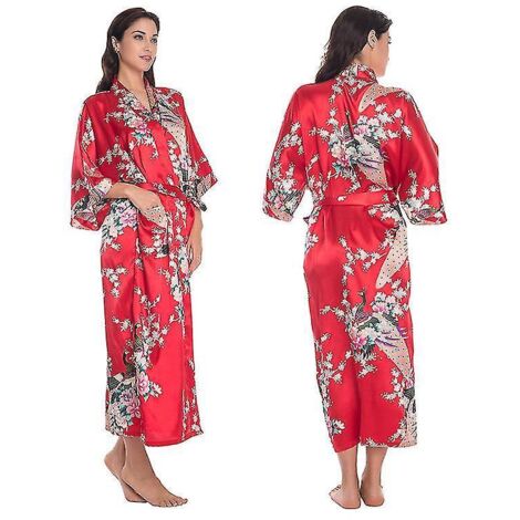 Peignoir kimono long en satin de soie douce et luxueuse pour femme, robe de chambre, vêtement de nuit - L - Rouge