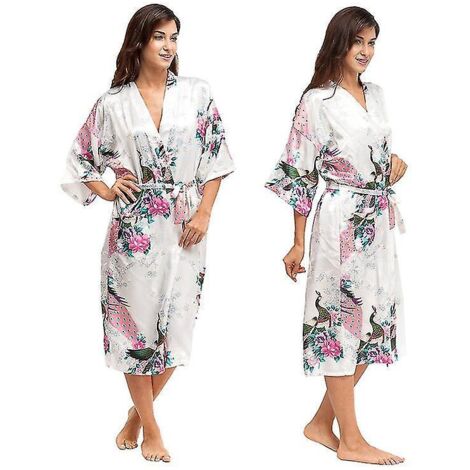 Peignoir kimono long en satin de soie douce et luxueuse pour femme, vêtement de nuit - Taille L - Blanc