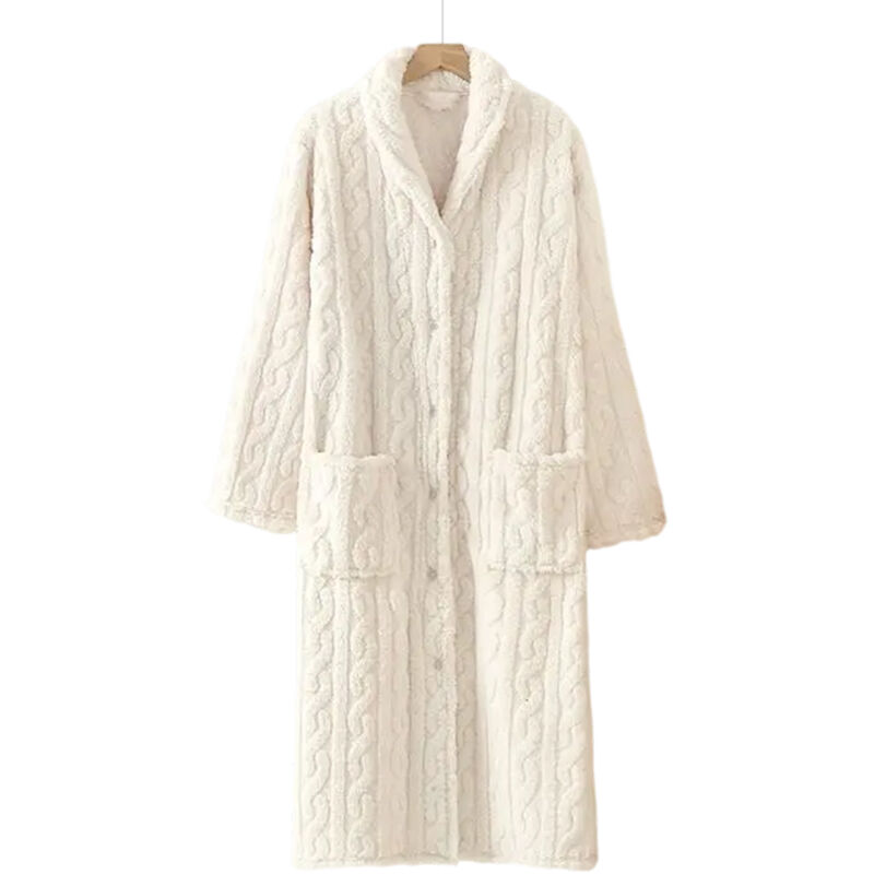 Peignoir long en peluche pour femme, doux et moelleux, à boutons, en polaire duveteuse, chaud et confortable, avec poches.