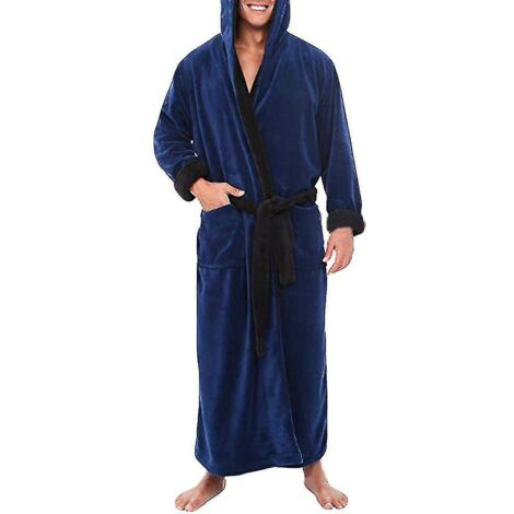 Peignoir long en polaire pour homme, avec capuche, idéal pour la nuit - Taille 4XL - Bleu foncé et noir
