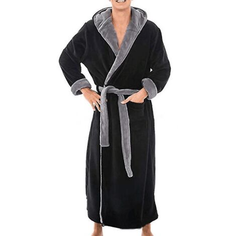 Peignoir long en polaire pour homme, avec capuche, idéal pour la nuit - Taille 5XL - Noir et gris