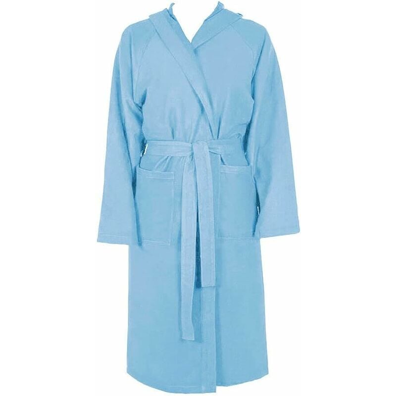 Peignoir Microfibre Moderne Couleur Unie Doux Homme Femme Ceinture Poches Capuche Bleu Clair - m