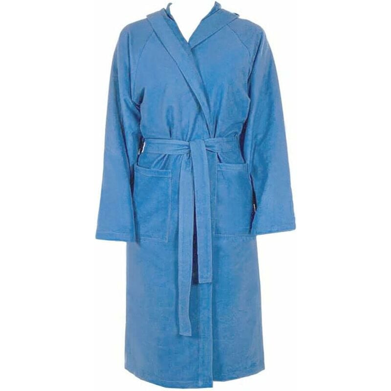 Peignoir Microfibre Moderne Couleur Unie Doux Homme Femme Ceinture Poches Capuche Bleu - L
