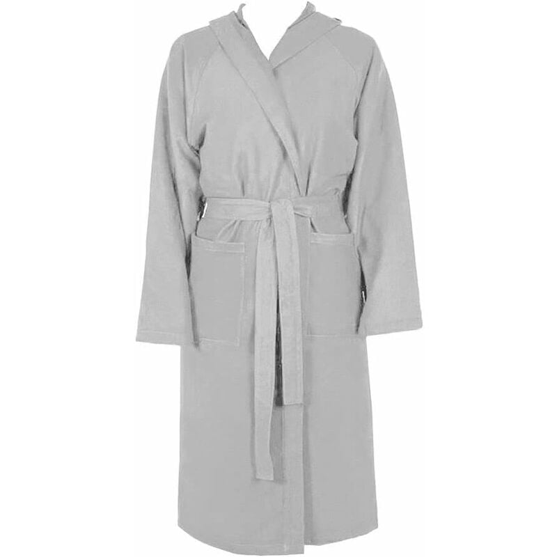 Peignoir Microfibre Moderne Couleur Unie Doux Homme Femme Ceinture Poches Capuche Gris - xxl