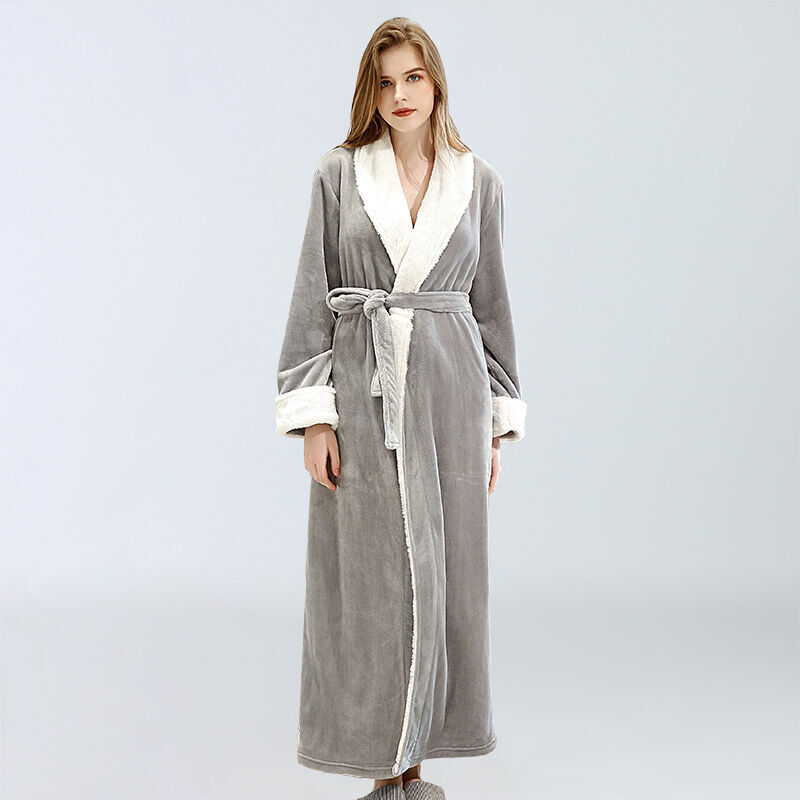 Peignoir Polaire Femme, Robe de Chambre Peignoir à Doux avec Poches Hiver Cadeau de Noël l Gris