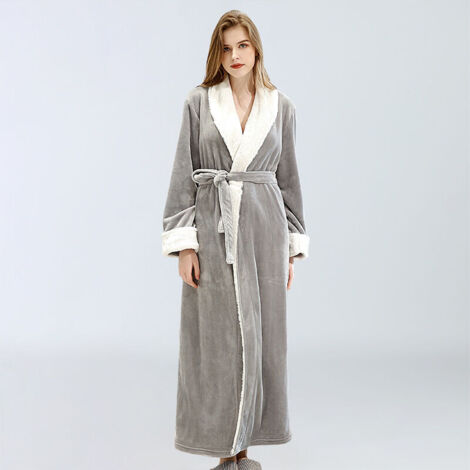 Peignoir Polaire Femme, Robe de Chambre Peignoir à Doux avec Poches Hiver Cadeau de Noël L Gris