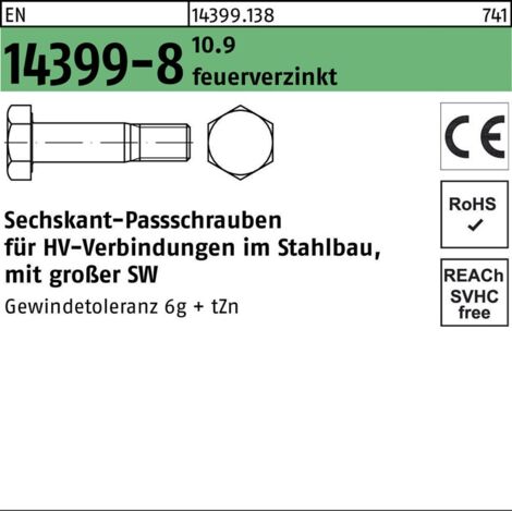 Peiner EN 14399-8 Form H Sechskant-Passschraube Gewindetoleranz 6g M16x75 Stahl 10.9 feuerverzinkt