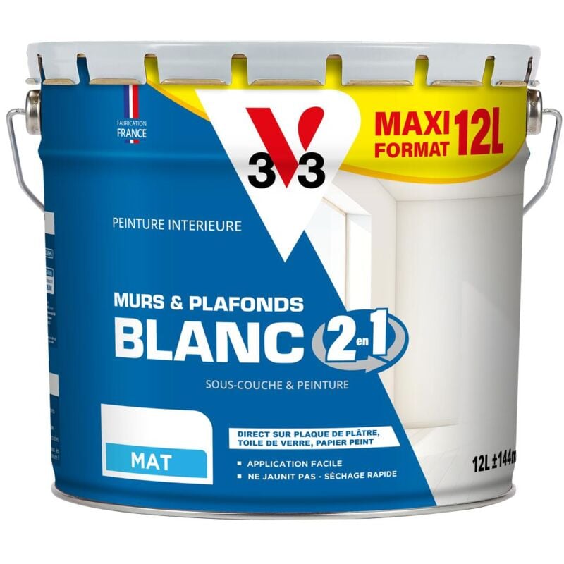 Peinture intérieure Blanc 2 en 1 murs et plafond® V33 Blanc Mat 12L