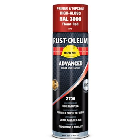 Peinture 2 en 1 : primaire et finition antirouille HARD HAT ADVANCED - 500 ml - rouge feu brillant - RUST-OLEUM