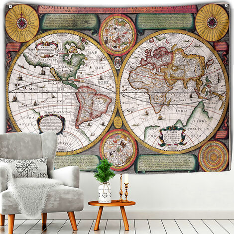 Peinture à l&39huile Vintage carte du monde géométrique boussole colorée, tapisserie murale suspendue rétro, décoration de maison, trésor de Pirate,vert militaire,95cmX70cm