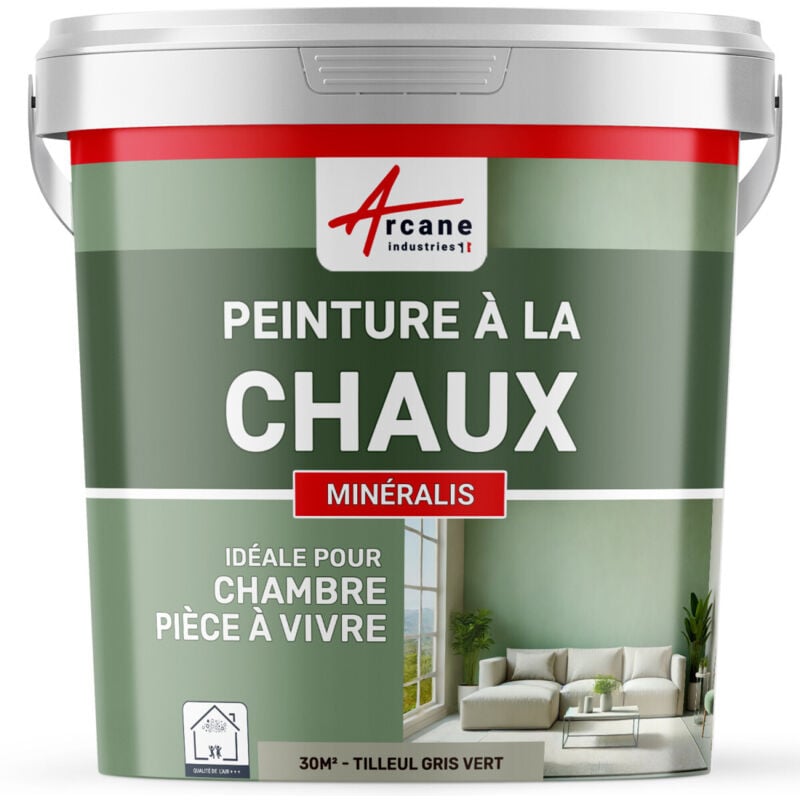 Arcane Industries - Peinture chaux naturelle : peinture sans émanation mineralis - 30 m² (5 kg en 1 couche) Tilleul Gris Vert