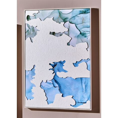Peinture à l'huile abstraite brillante en relief blanc/bleu avec cadre 62 x 92 cm. 62 x 5 x 92 cm.