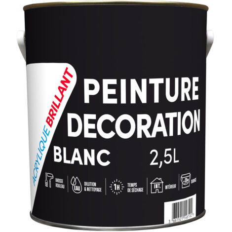 Peinture acrylique brillante 2.5 litres blanc – Pour béton, plaques de plâtre – Séchage rapide 1h – Rendement 8 à 12 m²/L – Reca