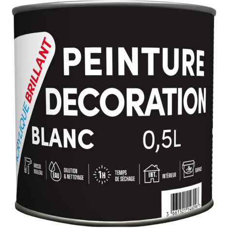 Peinture acrylique brillante blanche 0.5L – Rendement 8 à 12 m²/L – Séchage rapide en 1h – Émissions A+ pour air intérieur