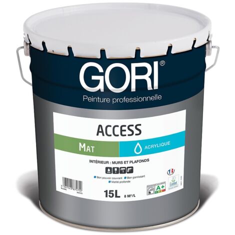 Peinture acrylique mate murs et plafonds – Coloris blanc – Application brosse, rouleau, pinceau, pistolet – Sec au toucher 2h, recouvrable 6h – Gori