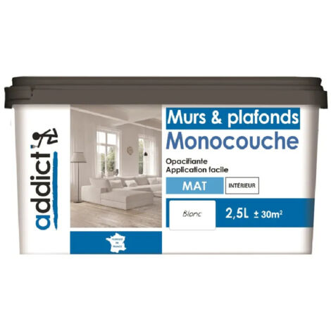 Peinture acrylique monocouche  murs et plafonds, blanc mat, 2,5 litres