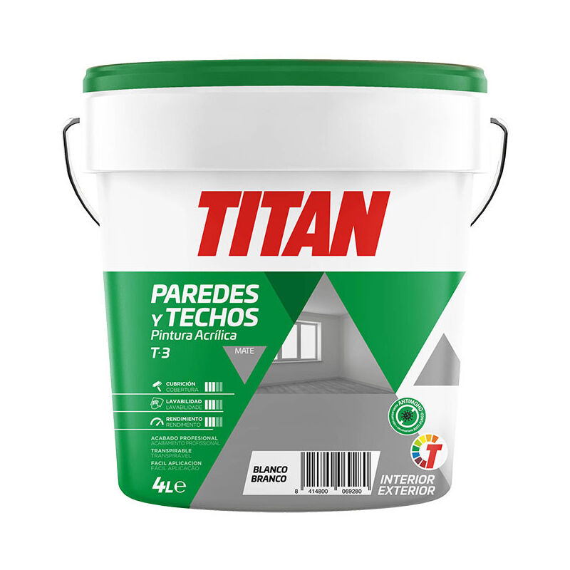 Peinture acrylique pour la décoration des murs et des plafonds t-3 blanco.matte 4l Titan 123000304