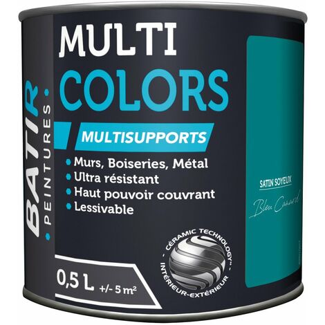 Peinture satinée multi-supports 0,5 L – Bleu canard – Résine acrylique – Haute résistance chocs et rayures – Pour intérieur et extérieur – Batir Peintures