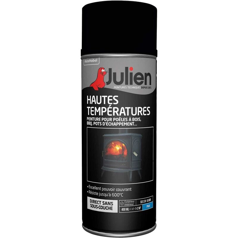 Julien - Peinture aérosol Hautes Températures (jusqu'à 600°C) - Mat Noir - 400 ml