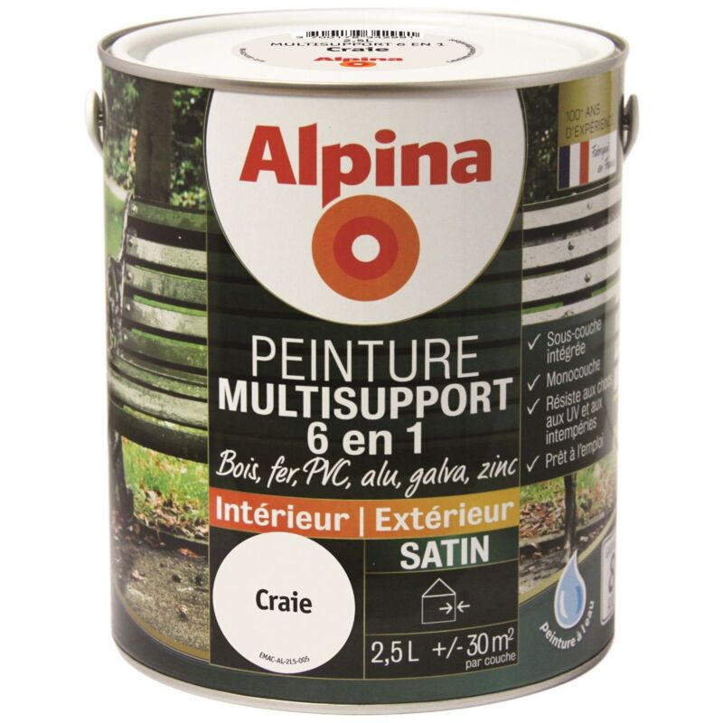Peinture Multisupports 6 en 1 - Monocouche - Intérieur & Extérieur - Satin Couleur: Blanc craie - Conditionnement: 2.5L - Alpina