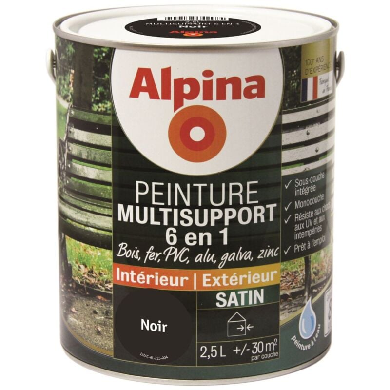 Peinture Multisupports 6 en 1 - Monocouche - Intérieur & Extérieur - Satin Couleur: Noir - Conditionnement: 2.5L - Alpina