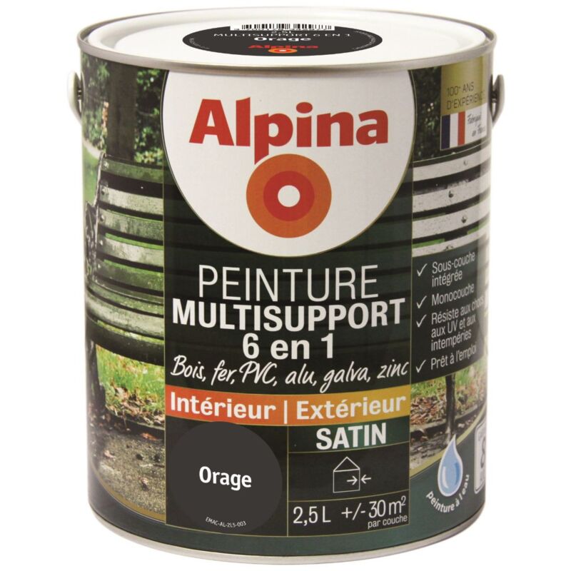 Peinture Multisupports 6 en 1 - Monocouche - Intérieur & Extérieur - Satin Couleur: Orage - Conditionnement: 2.5L - Alpina