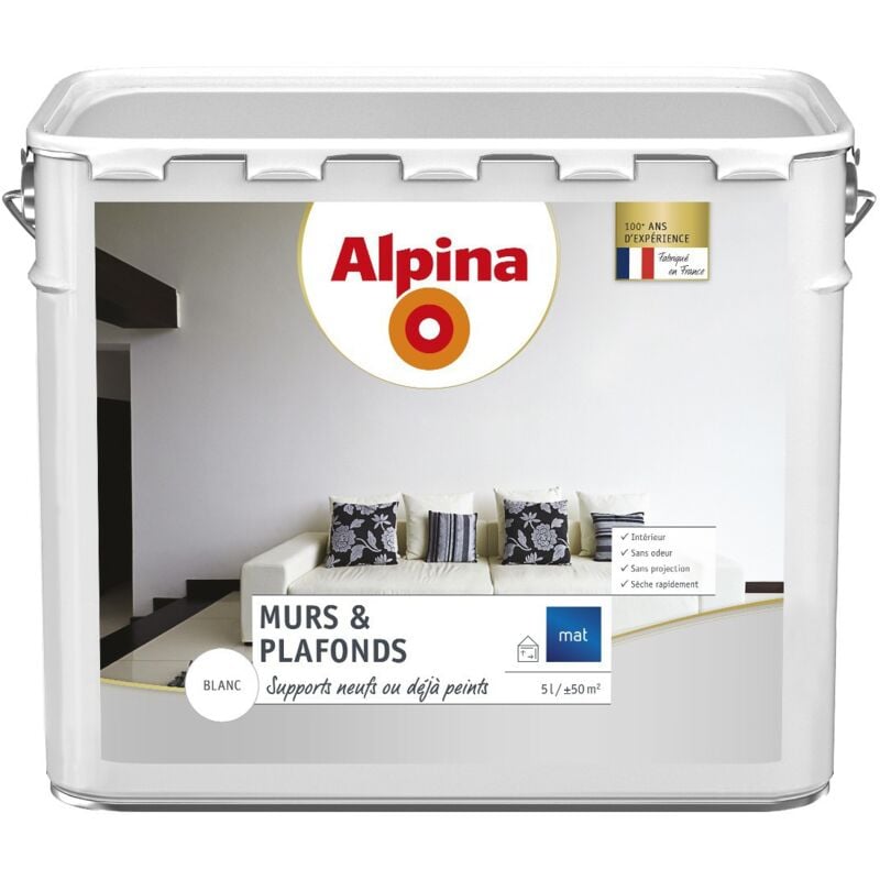 Peinture Acrylique Murs & Plafonds Blanc Mat Finition: Mat - Couleur: Blanc - Conditionnement: 5L - Alpina