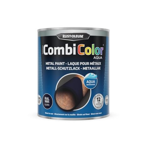 Peinture anti-rouille CombiColor Aqua - noir RAL 9005 brillant - 750 mL - RUST-OLEUM
